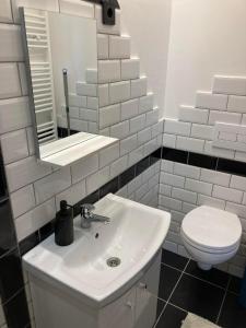 a bathroom with a white sink and a toilet at Arany Apartman in Cegléd