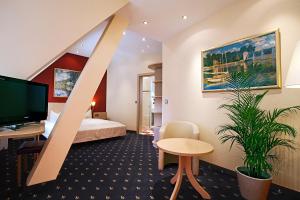 a hotel room with a bed and a tv at Hotel Goldene Rose in Heidelberg