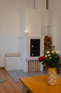 Cette chambre dispose d'une cheminée et d'un vase de fleurs sur une table. dans l'établissement La sat, à Bertea