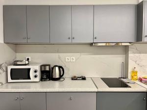 a kitchen with a microwave and a counter top at Attiki Apartment vipgreece in Athens