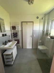 a bathroom with a sink and a toilet at Work & Stay Erlensee mit Stellplatz in Erlensee