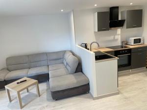 a living room with a couch and a kitchen at Joli logement au pied des Alpilles in Eyguières