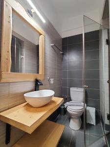 a bathroom with a bowl sink and a toilet at Verde Villas in Skala Potamias