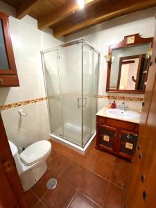 y baño con ducha, aseo y lavamanos. en Casa Los Kikos By Solymar Holiday, en Alcaucín