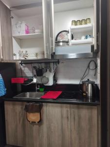 een keuken met een wastafel en een aanrecht bij Schönes Apartment mit Pool-Nutzung in Manilla