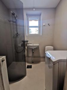 um banheiro com chuveiro e pia em Ounasvaara Arctic Suite em Rovaniemi