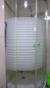 um chuveiro com uma porta de vidro na casa de banho em Pid lisochkom em Verkhovyna