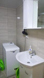 niewielka łazienka z białą umywalką i toaletą w obiekcie Pid lisochkom w mieście Wierchowina