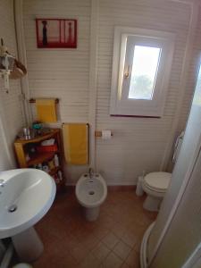 ein Bad mit einem Waschbecken, einem WC und einem Fenster in der Unterkunft laguna di venezia isola di s.erasmo in Venedig
