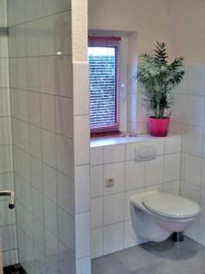 ein Badezimmer mit einem WC und einer Topfpflanze in der Unterkunft Ferienwohnung im Wiesengrund in Stahlbrode