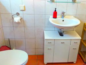 ein Badezimmer mit einem weißen Waschbecken und einem WC in der Unterkunft Ferienbungalow Stahlbrode in Stahlbrode