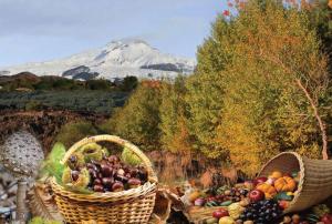 two baskets full of fruit with a mountain in the background at Villa Fraele in Acireale