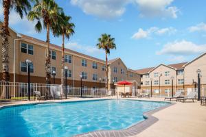 une piscine avec des chaises et des palmiers en face d'un bâtiment dans l'établissement Homewood Suites by Hilton Corpus Christi, à Corpus Christi