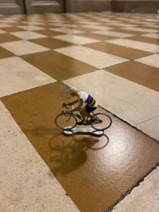 a toy dog riding a bike on a tile floor at Allotjament Barri Vell Girona in Girona +10 photos
