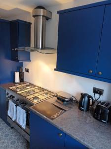 a kitchen with blue cabinets and a stove at Swansea Marina apartment in Swansea