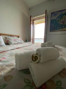 una camera da letto con asciugamani su un letto con finestra di Casa Di Luisa a Vietri
