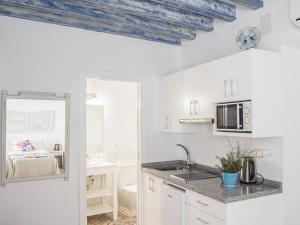 科爾多瓦的住宿－La Casa de la Costurera，白色的厨房配有水槽和微波炉
