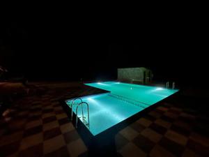 una piscina iluminada en la oscuridad en Pench Tiger Home, 