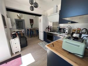 a kitchen with blue cabinets and a counter top at gite Le 75's in Bourges