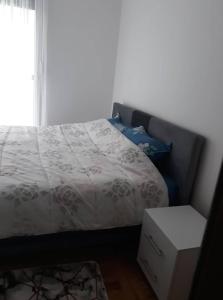een slaapkamer met een bed met een wit dekbed en een raam bij Apartman See in Bijeljina