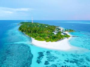 an island in the ocean with a lighthouse on it at VIVA Beach Maldives in Hangnaameedhoo