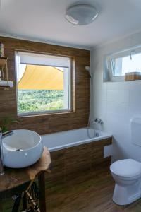 ein Bad mit einem Waschbecken, einem WC und einem Fenster in der Unterkunft Remete Vendégház in Szekszárd