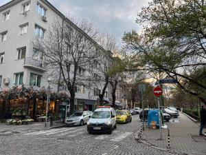 uma rua da cidade com carros estacionados na rua em The Heart of Old Sofia (Shipka Street 24) em Sófia