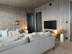 a living room with a couch and a flat screen tv at Hafjell - Penthouse - ski in/out in Hafjell
