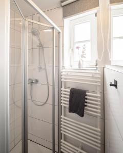 a bathroom with a shower with a glass door at Ferienhaus Altstadtflair Bad Wildungen - bis 8 Personen in Bad Wildungen