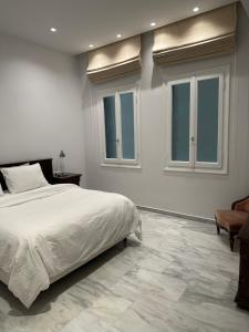 1 dormitorio blanco con 1 cama y 2 ventanas en Palace Apartment, en Atenas