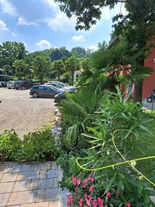 un jardín con plantas y flores en un aparcamiento en Mambly b&b ristorante pizzeria, en Galliate