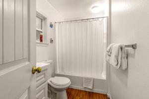 a white bathroom with a toilet and a shower at Seabeck Cottage on Hood Canal in Seabeck +29 photos