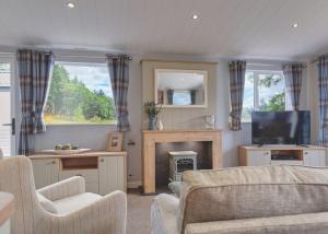 a living room with a fireplace and a tv at Heathergate Boutique Holiday Park in Hexham