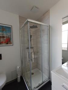 a glass shower in a bathroom with a toilet at Résidence Les Bénédictins in Limoges