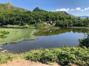 a pond in a field with mountains in the background at Stanza privata a 10 minuti dall'Abetone in Pian di Novello