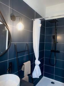 baño azul con ducha y lavamanos en *Chic & Basic T3* place Carnot, en Carcassonne