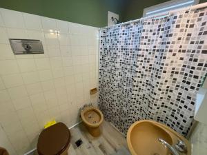 a bathroom with a toilet and a sink and a shower at Temporary Accommodation in Buenos Aires Comfort and Excitement in Buenos Aires