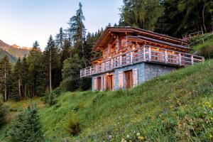 a house on the side of a hill at Authentic Swiss Spa Chalet Nesoya Jacuzzi Sauna in Riddes