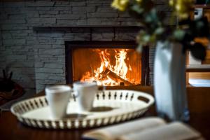 a table with two coffee cups and a fireplace at Wspólna Chata in Białka Tatrzańska