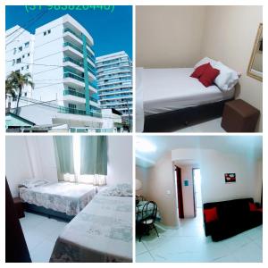four pictures of a hotel room with two beds and a building at Apartamento temporada com garagem, Wi-Fi, Netflix in Guarapari