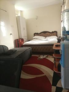 ein Wohnzimmer mit einem Bett und einem Sofa in der Unterkunft Luxurious suite apartment in Nairobi