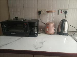 eine Küchentheke mit einem Toaster, einem Backofen und einem Mixer in der Unterkunft Luxurious suite apartment in Nairobi