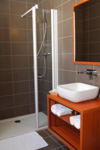 a bathroom with a sink and a shower at Logis Hôtel La Brèche de Roland in Gèdre