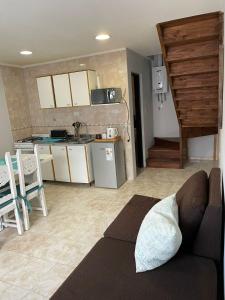 Mara Patagónica - Apartments في ريو جاليجوس: غرفة معيشة مع أريكة ومطبخ