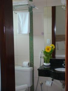a bathroom with a toilet and a sink and a mirror at HOTEL TOPAZIO in Cristalina