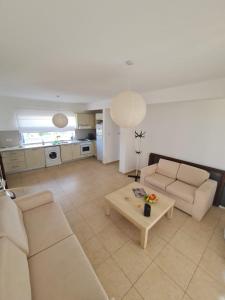 a living room with a couch and a table at Penthouse with rooftop terrace in Akanthou