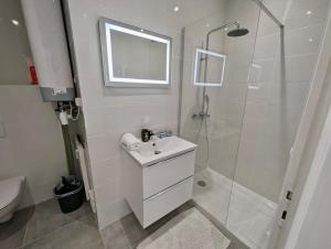 a white bathroom with a sink and a shower at Magnifique T2 refait à neuf - Calme & Tout Equipé avec Parking in Grenoble