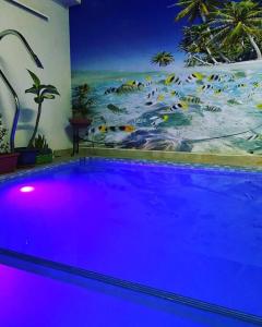 duży niebieski basen z obrazem na ścianie w obiekcie Casa com piscina incrível. w mieście Serra Talhada