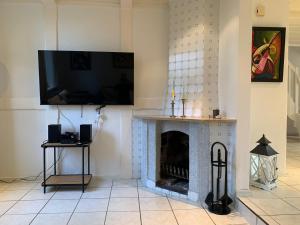 a living room with a fireplace with a flat screen tv at Ferienhaus Alte Mühle in Stoltebüll