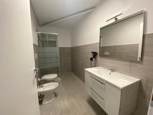 W łazience znajduje się umywalka, toaleta i lustro. w obiekcie Corridoni33 - Immobili e Soluzioni Rent w Bergamo